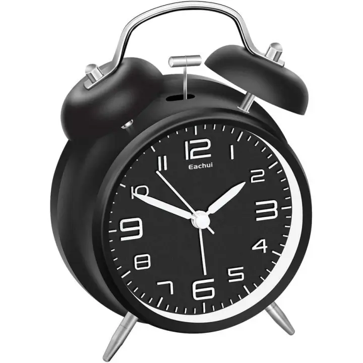 Despertador de doble campana con luz nocturna, alarma fuerte, despertador analógico con dial grande de 4 pulgadas, sin tictac, silencioso, despertador a batería, diseño retro (negro) - 1