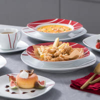 MALACASA-Serie Felisa-Juego 30 piezas de vajilla de porcelana para cena, conjunto de cena color blanco marfil con rayas rojas, con 6 piezas de tazas, ensaladera, platos de sopa, cena y postre - details 7