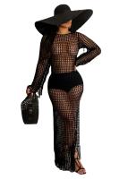 Vestido Midi Bodycon De Encaje Con Borlas Y Manga Larga Para Mujer Estilo Playa Fashion Hollow out Y Abertura Lateral Alta - details 9