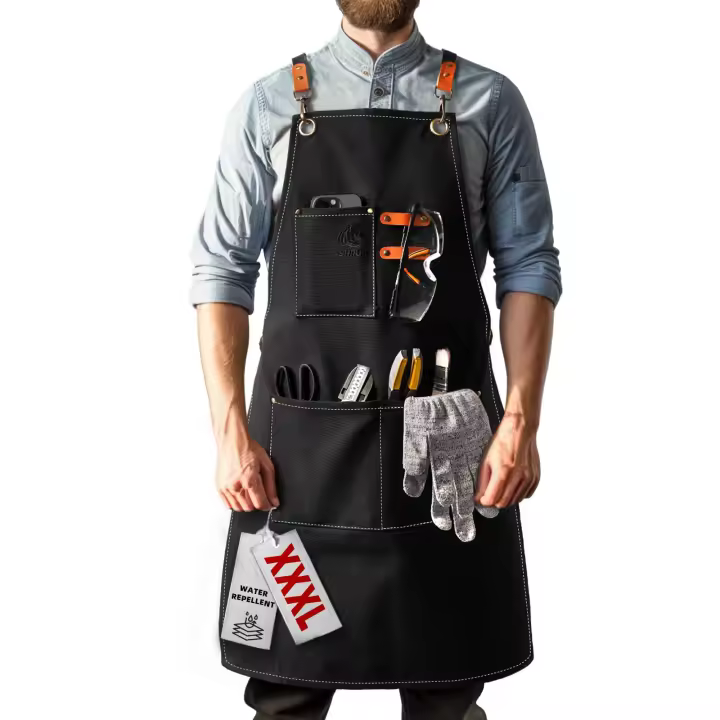 Delantal de chef de lona de algodón grueso con bolsillos grandes, delantal de trabajo para hombre con espalda cruzada, resistente, para cocina, mediano, negro - 1