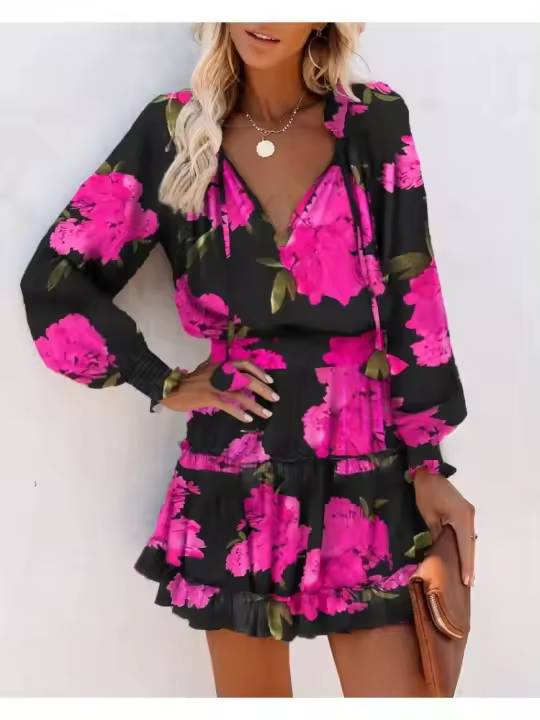 Vestido Mini De Mujer Primavera Moda Con Estampado Floral Manga Larga Cuello V Estilo Casual Vestido De Manga Farol Con Volantes Cintura Ajustada - 1