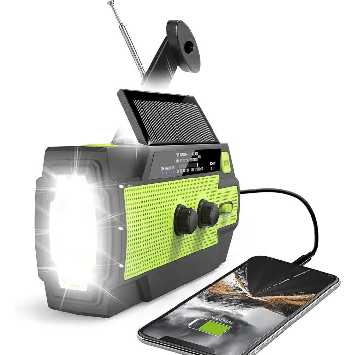 Radio meteorológica de emergencia con manivela, manivela solar de 4000 mAh, AM/FM/NOAA portátil con linterna trimodal de 1 W y luz de lectura con sensor de movimiento, cargador de teléfono móvil - 1