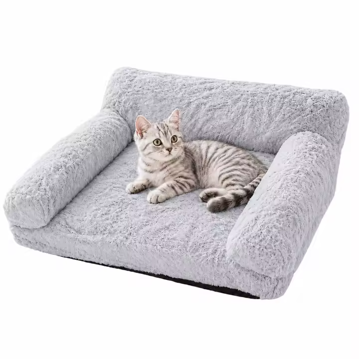 PAWDLE Sofá Cama para Gatos y Perros, Cama para Mascotas con Bordes Elevados y Respaldo, Tejido Felpa Suave Tipo Conejo, Suave Gris, 60 x 45 x 30 cm, Lavable y Transpirable, Super Cómoda, Esponjosa para Dormir los Perros y Gatos Grandes, Medianos, Pequeño - 1