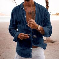 Camisa De Verano Para Hombre Casual Ligera De Color Sólido Suéter De Algodón Y Lino Abierta Individual Manga Larga Estilo Playa Vacaciones - details 2