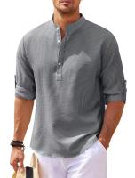 Camisa Larga Para Hombre Estilo Europeo Y Americano Cuello Erguido Botones Parcialmente Abiertos Casual Pirul Plaid Otoño - details 4