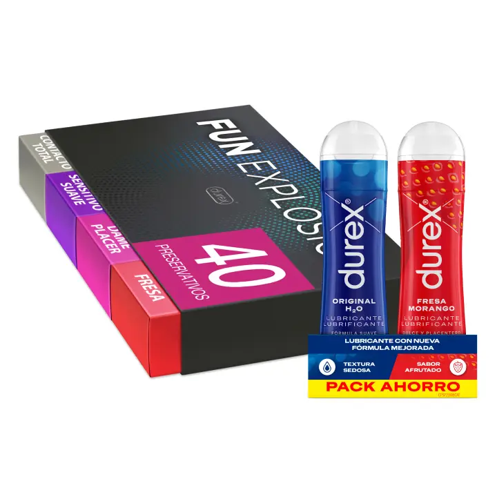 Durex - Fun Explosion, Pack Preservativos Sabor Fresa, Dame Placer, Sensitivo Suave y Contacto Total, 40 Condones + Lubricante Sabor Fresa 50 ml + Lubricante Otiginal H2O 50 ml - 1