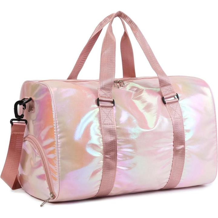 Bolsa de baile rosa para niñas, bolsa de deporte para adolescentes, bolsa de deporte con compartimento para zapatos, bolsillo para artículos húmedos, bolsa de fin de semana, equipaje de mano, bolsa de viaje para adolescentes, 48 x 26 x 39 cm