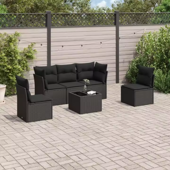 vidaXL Set muebles de jardín 6 piezas y cojines ratán sintético negro - 1