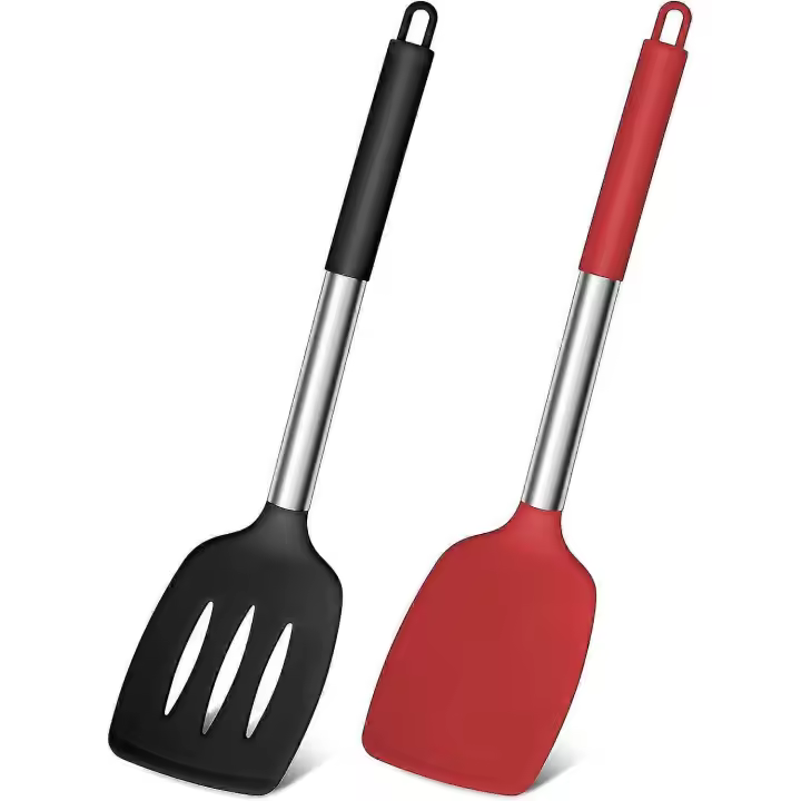 Silicone Spatula,pack Of 2, Cooking Turner/non Stick Kitchen Slotted Spatula Ideal For Fish, Eggs, Pancakes,heat Resistant & Dishwasher Safe,black+red - 1
