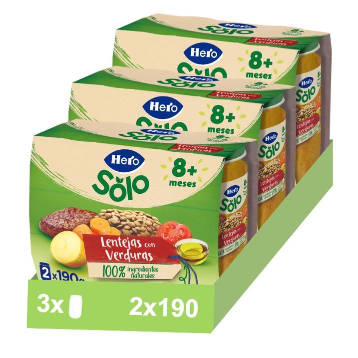 Hero Baby Pack Tarritos de Lentejas con Verduritas. Para Bebés a Partir de 8 meses. 3 Packs de 2x190gr