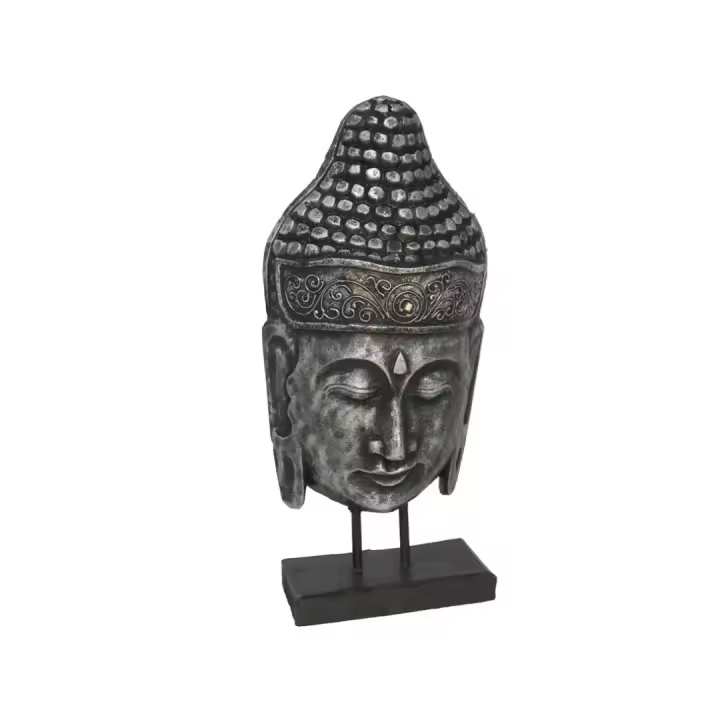 Gissed- Estatua Decorativa de Buda, Cabeza de Madera Plateada con Base, Estilo Zen Asiático para Hogar - 1