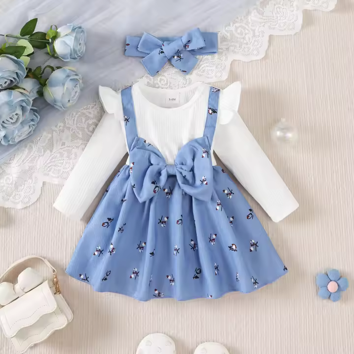 2PCS Vestido De Princesa Para Bebé Girla 0-2 Años Con Manga Larga Estampado De Flores Gran Lazo Vestido De Moda Para Bebé Niña Otoño - 1