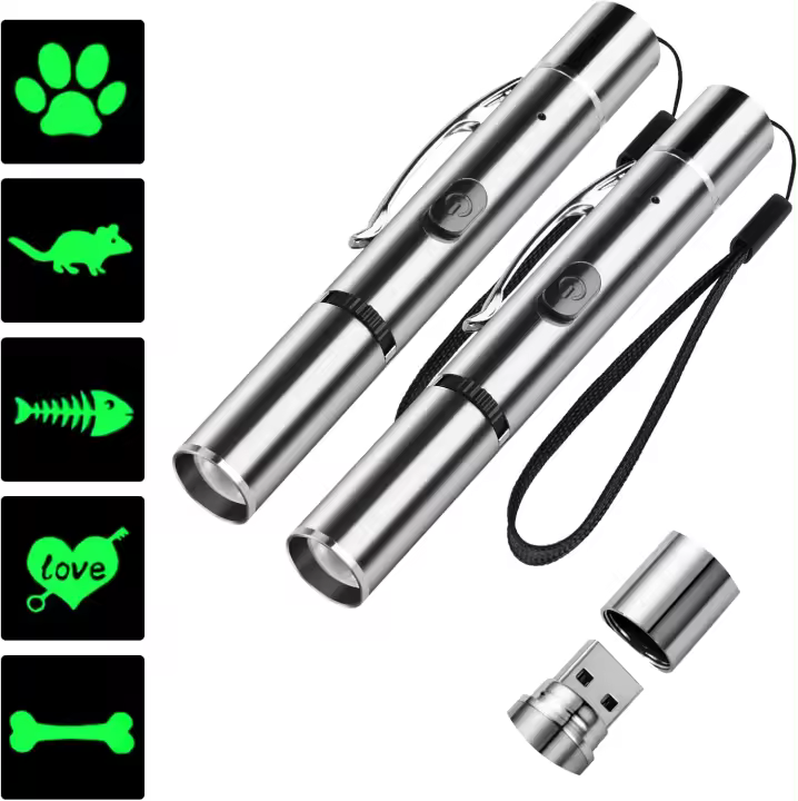 Juguete luminoso verde para perros y gatos, paquete de 2, juguete interactivo para perros y gatos, recargable por USB, divertido bolígrafo LED multipatrón. - 1