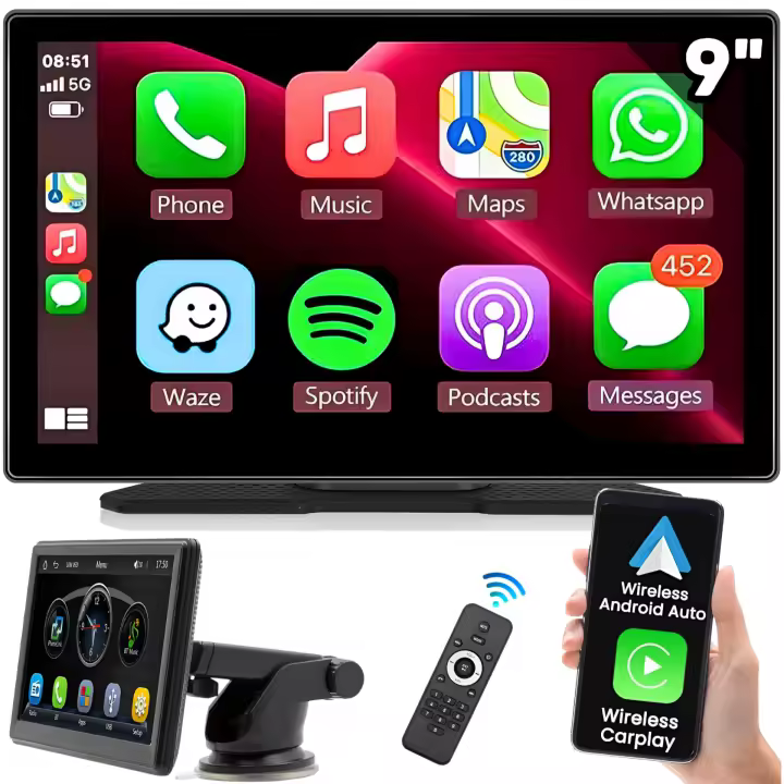 Pantalla Coche Carplay y Android Auto Inalambrico de 9 Pulgadas con Mando a Distancia, Pantalla para Coche IPS HD Sin Instalación, Admite Cámara Trasera/Bluetooth/SIRI/Asistencia de Voz/USB/TF/FM/AUX () - 1
