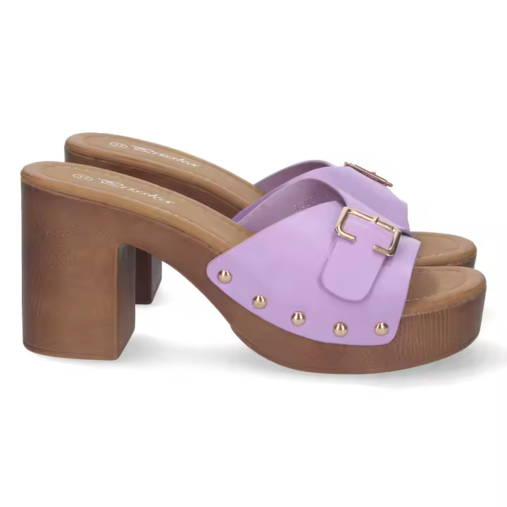 Davinia Shoes Zueco de Tacon Alto para Mujer, Comodo, Material de Imitacion a Madera, con Talon Abierto, Pala con Hebilla y Remaches Shoes&Blues.es AL659-Lila - 1