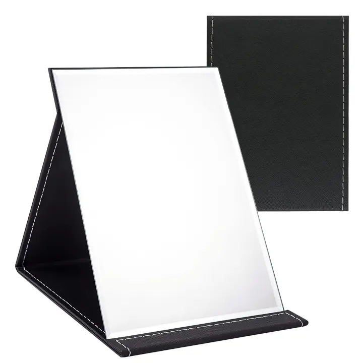 Espejo plegable portátil, espejo de maquillaje compacto Super HD, espejo de viaje de cuero sintético negro, espejos de tocador de pie, espejo plegable de sobremesa. - 1