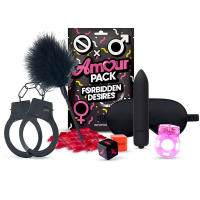 AMOUR PACK Set de 7 Piezas Forbidden Desires Juguetes sexuales Antifaz Pluma Esposas Dados Vibrador Consolador - details 0