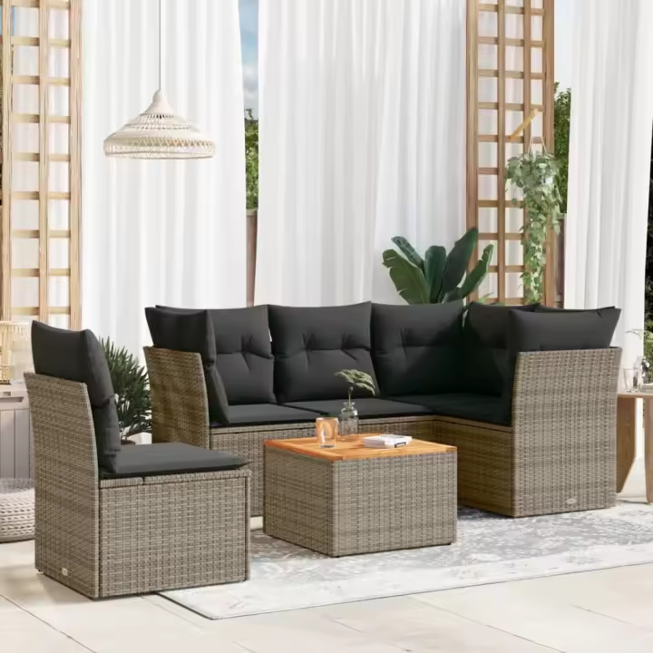 vidaXL Set de muebles de jardín 6 pzas y cojines ratán sintético gris - 1