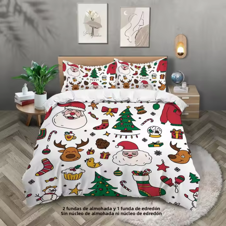 Juego De Cama Navideño 3 Piezas Con Estampado De Santa Claus (1 Funda De Edredón + 2 Fundas De Almohada) Set De Ropa De Cama Suave Y Cómoda - 1