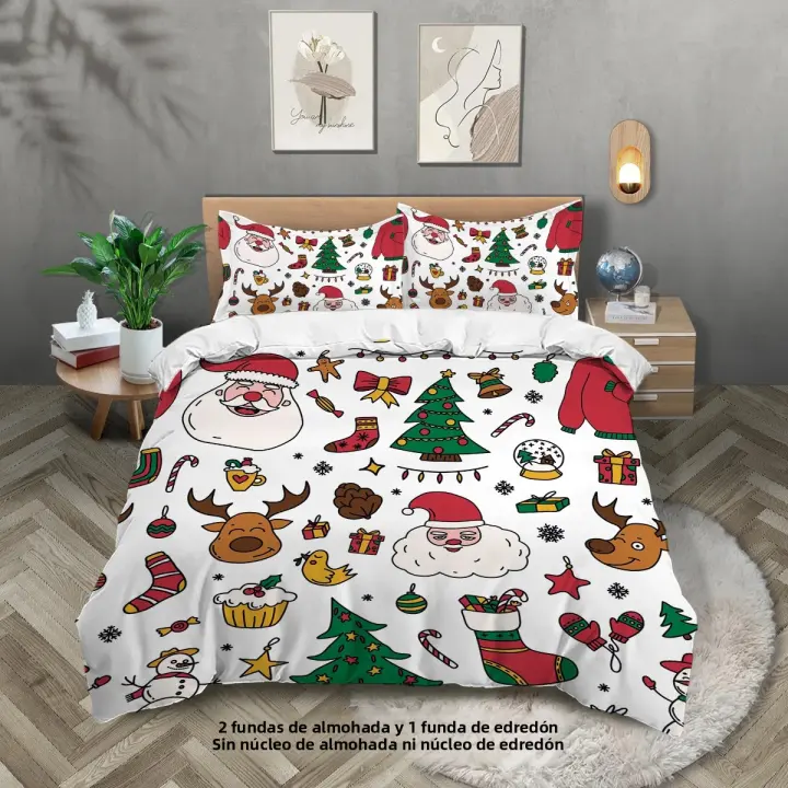 Juego De Cama Navideño 3 Piezas Con Estampado De Santa Claus (1 Funda De Edredón + 2 Fundas De Almohada) Set De Ropa De Cama Suave Y Cómoda - 1