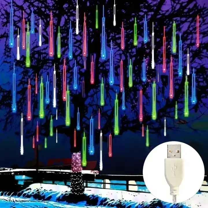 Luces De Lluvia De Meteorito Para Decoración De Árbol Al Aire Libre Con 192LEDs Fosforescentes Cadenas De Agua Mágicas Para Jardín Fiesta Festival USB Recargable - 1