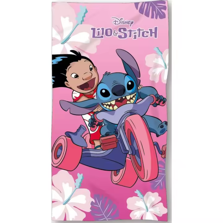 Disney - Toalla Playa Piscina BAÑO Rosa   Lilo y Stitch en Triciclo - 140 x 70cm -  Certificado Calidad: Oeko-Tex - 1