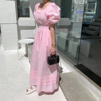 Vestido A-Line De Cintura Alta Estilo Coreano REALEFT Verano Para Mujer Con Manga Puff Cuello Cuadrado Lace-Up Midi Plaid - details 5