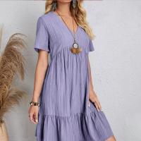 Women's short sleeve V-neck pleated dress, elegant beach dress, simple and comfortable clothing, monochrome A-line skirt - details 5