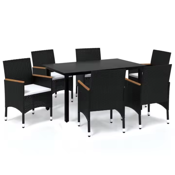 vidaXL Set de comedor de jardín 7 pzas y cojines ratán sintético negro - 1