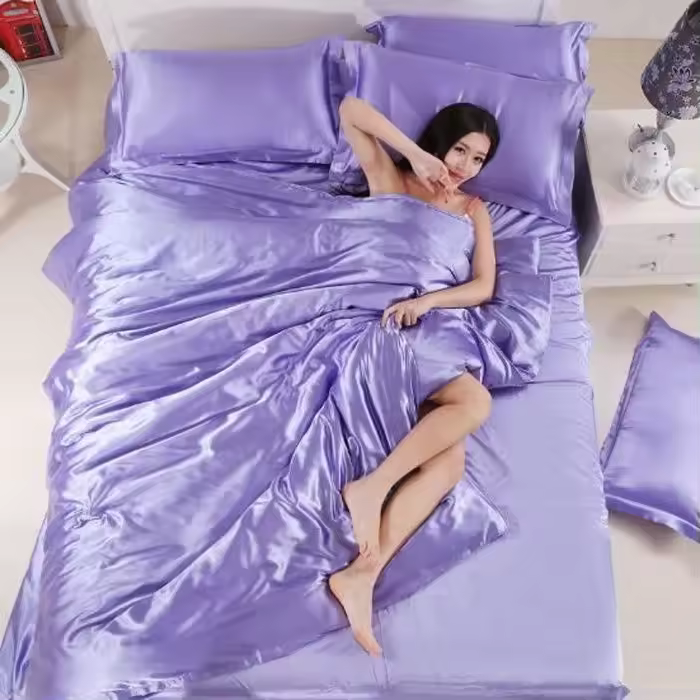 Juego de ropa de cama de seda con funda nórdica doble de 4 piezas, 220 x 240 cm, morado claro - 1