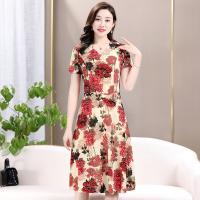 Vestido Midi Vintage De Verano Para Mujer Con Cuello En V Y Estampado Casual A-Line Manga Corta Cintura Ajustada - details 17