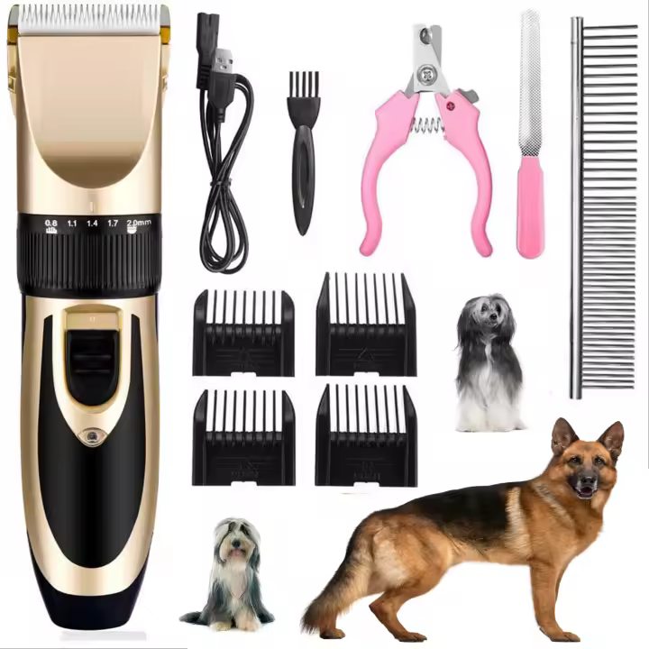 Kit de aseo para perros : recargable, inalámbrico, recortadores de pelo de mascotas silenciosos y de bajo ruido para perros, gatos y otras mascotas (dorado) - 1