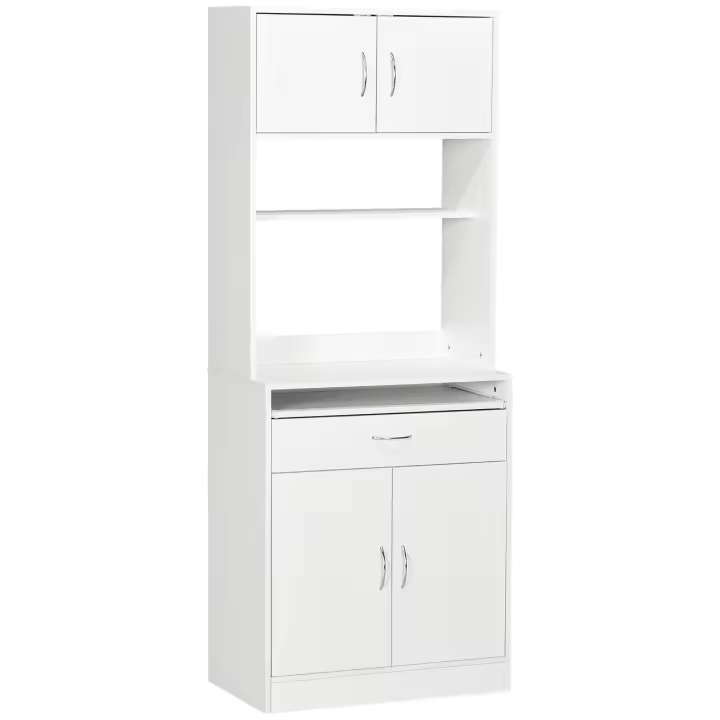 HOMCOM Alacena de Cocina Mueble Aparador Auxiliar con 4 Puertas Bandeja Extraíble Estante Ajustable Cajón y Encimera de Microondas Abierta 70x40x180 cm Blanco - 1