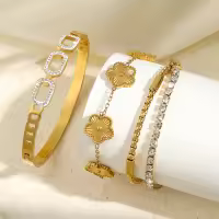 ZAKOL 3Pcs Pulseras De Acero Inoxidable Color Oro Para Mujer Con Inserción De Zirconia En Patrón Geométrico Y Flor De Cinco Hojas Regalo - details 0