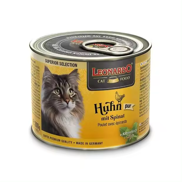 Leonardo Cat Food Alimento húmedo Superior Selection [6x200g Pollo y Espinacas] Alimento húmedo sin Cereales para Gatos  Alimento húmedo Completo en Lata - 1