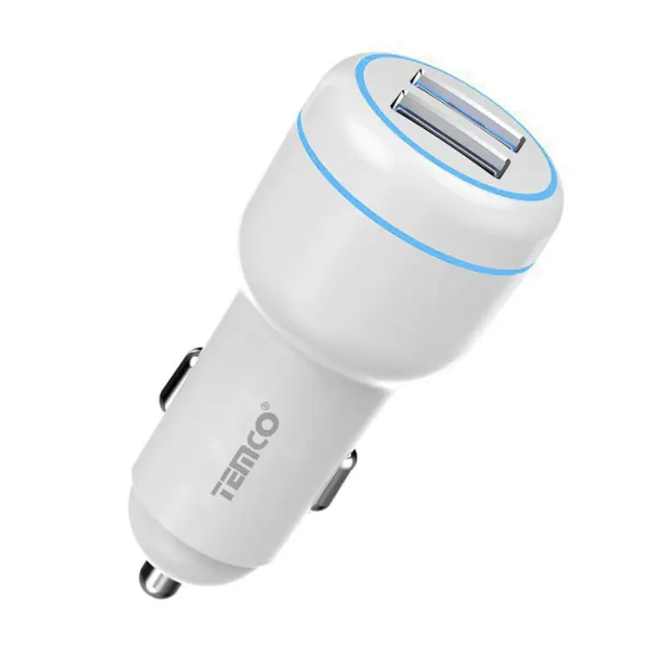 TEMCO  Cargador de Coche con 2 USB con O sin Cable Lighiting, Quick Charge 3.0 5A Compatible con Samsung (AFC), Oppo, Oneplus (VOOC). Opcional con cable Tipo C AFC, VOOC, Cargador Con luz LED,  Carga Super Rápida en Tu Viaje - 1