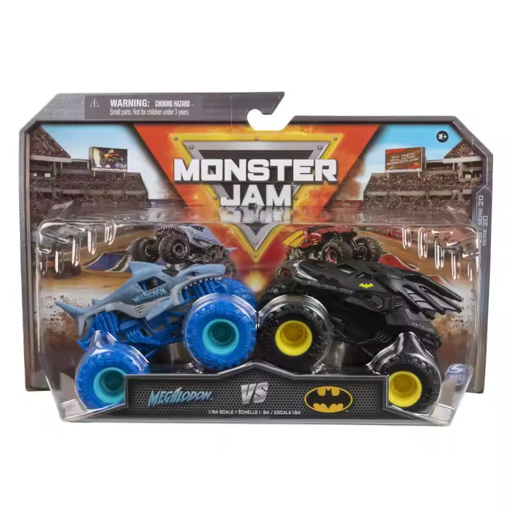 SPIN MASTER - MONSTER JAM - Coches Monster Truck Escala 1:64 - Pack de 2 Camiones Metálicos Auténticos: Batman Vs. Megalodon - 6065293 - Coches para Niños - Juguetes Niños 3 años + - 1