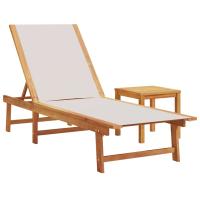 vidaXL Tumbona con mesa madera maciza de acacia y textileno Negro, Crema, Gris Sillas de Exterior Ideal para jardín, playa, piscina, terraza Tumbona Piscina Tumbonas Playa Tumbonas Jardín Exterior - details 1