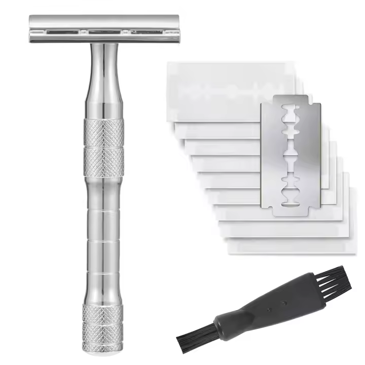 Afeitadora De Seguridad Reutilizable Para Hombres Con 10 Hojas De Afeitar Doble Orilla Platinadas Cuchilla De Zinc Aleación Y Mango De Aluminio Para Rostro Cuerpo Y Bikini - 1