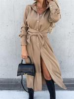Vestido Largo Para Mujer De Otoño E Invierno Con Cuello V Y Botones Estilo Oficina Midi Color Sólido Cardigan De Manga Larga Tamaño S-3XL - details 3