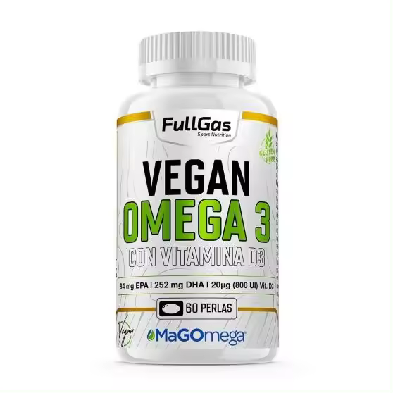 FULLGAS - Vegan Omega 3 (MaGOmega® MAG 560mg) - 60 perlas - 560mg de aceite de microalgas con 336mg de omega-3 vegano (252mg DHA y 84mg EPA). Materia prima MaGOmega® (monoglicérido natural). Libre de metales pesados. 100% vegano, sin gluten y sin lactosa. - 1