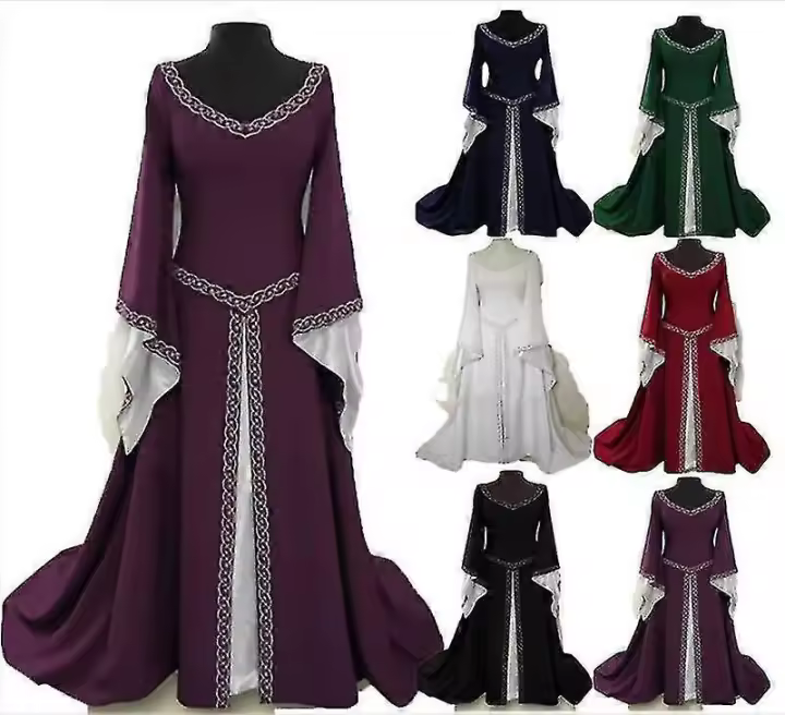 Clásico de las mujeres medievales de Halloween Partyv Cuello Delgado Vestido de manga acampanada # fyfs1983164 - 1