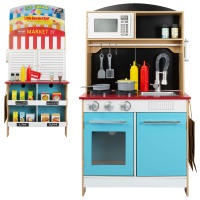 WOOMAX - Cocina de madera 4 en 1 con heladería y supermercado, juguete interactivo con luz y sonido, 60x40x109 cm, 31 piezas y accesorios para cocinar y vender, ideal para juegos de rol, +3 años, juguete educativo y multifuncional con detalles realistas - details 0