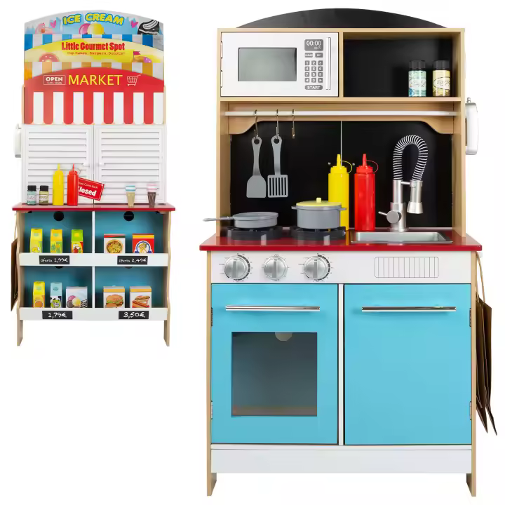 WOOMAX - Cocina de madera 4 en 1 con heladería y supermercado, juguete interactivo con luz y sonido, 60x40x109 cm, 31 piezas y accesorios para cocinar y vender, ideal para juegos de rol, +3 años, juguete educativo y multifuncional con detalles realistas - 1
