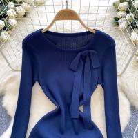 Vestido Corto Tejido Y2K Para Mujer Con Botones Cuello En V Diseño De Corbata Slim Para Oficina Estilo Chic Temporada Otoño - details 13