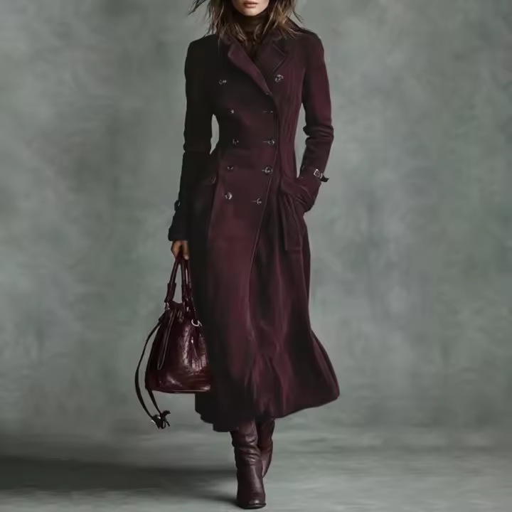 Abrigo De Trench Mujer Chocolate Cuero Double-Breasted Largo Elegante Para Oficina Y Salida Estilo Trendy 2026 Cierre Único Bolsillos - 1