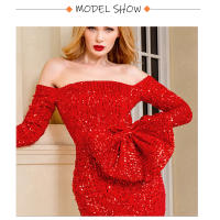 Vestido De Fiesta Larga Rojo Con Lazo Y Lentejuelas Para Mujer Vestido De Noche Para Bodas Y Premiaciones De Corte Sirena Con Mangas Largas Y Abertura Lateral - details 2