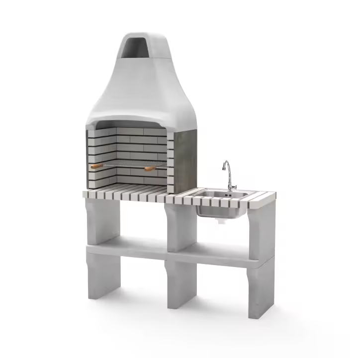 MOVELAR - Barbacoa de Obra Prefabricada para Leña y Carbón Modelo New Iberia Plus XL side stand sink&tap  (Gris Blanco - 128 x 47 x 190 cm) REF: M00467 - Uso en Exteriores - 1