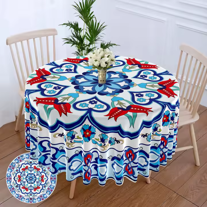 Mantel Redondo De Porcelana Azul Y Blanco Retro Impermeable Para Mesa De Comedor Exterior Hotel Fiesta Tamaño 160x160cm - 1