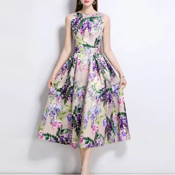 Vestido Sin Mangas Para Mujer Elegante Con Estampado O-Neck Vestido A-Line Slim De Verano Vestido Midi Casual De Poliéster - 1